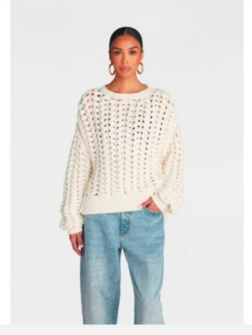 KBB by Kahlana Women's Pullover Sweater 'The Chunky Knit Crew Cream Oversized S